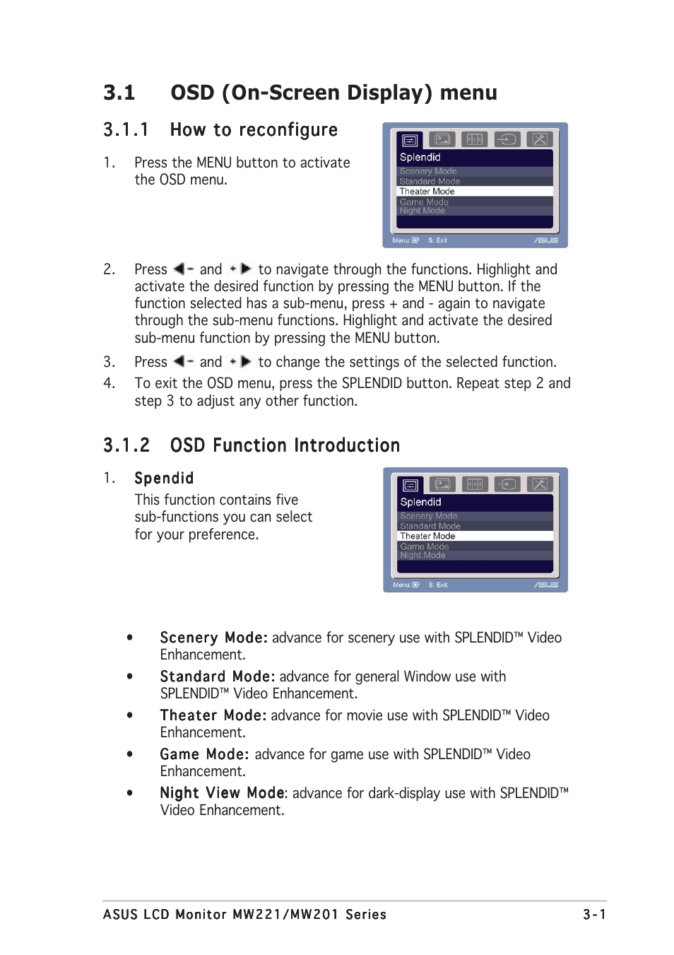 1 osd (on-screen display) menu | Asus MW201 Series User Manual | Page 17 / 22