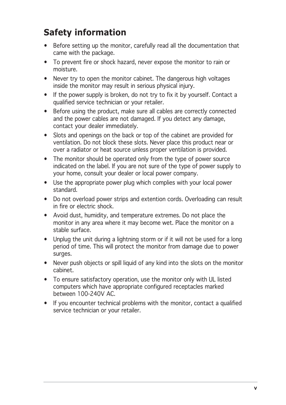 Safety information | Asus MW201 Series User Manual | Page 5 / 22