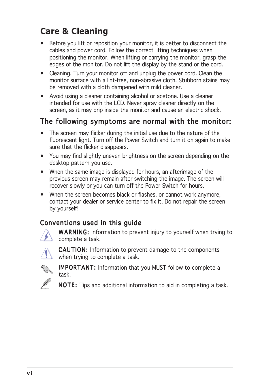 Care & cleaning, The following symptoms are normal with the monitor | Asus MW201 Series User Manual | Page 6 / 22