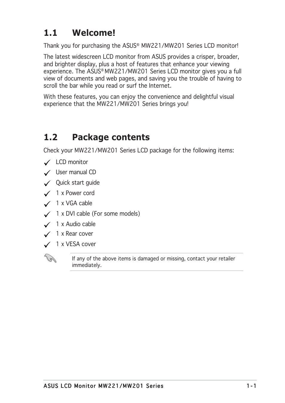 1 welcome, 2 package contents | Asus MW201 Series User Manual | Page 9 / 22