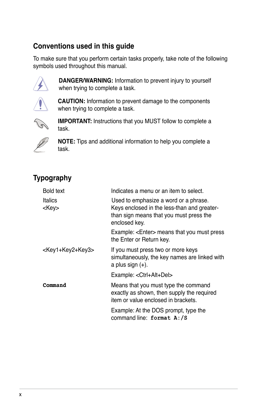 Conventions used in this guide, Typography | Asus KCMA-D8 User Manual | Page 10 / 152