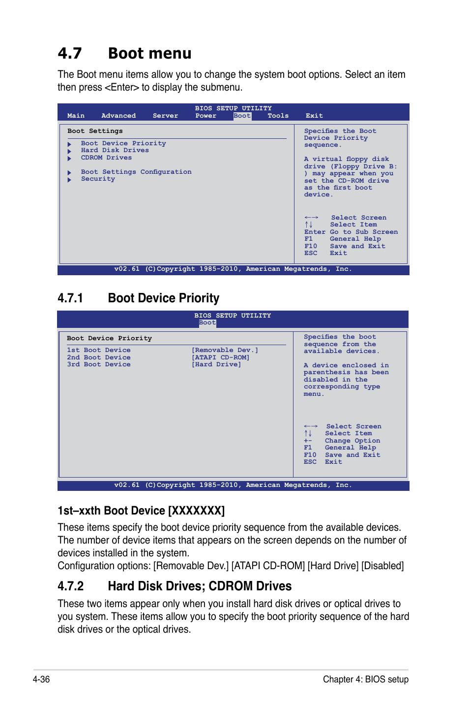 7 boot menu, 1 boot device priority, 2 hard disk drives; cdrom drives | Boot menu -36 4.7.1, Boot device priority -36, Hard disk drives; cdrom drives -36 | Asus KCMA-D8 User Manual | Page 100 / 152