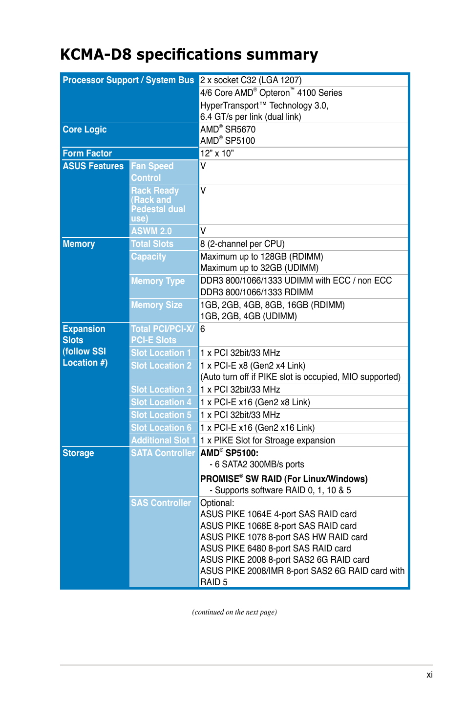 Kcma-d8 specifications summary | Asus KCMA-D8 User Manual | Page 11 / 152