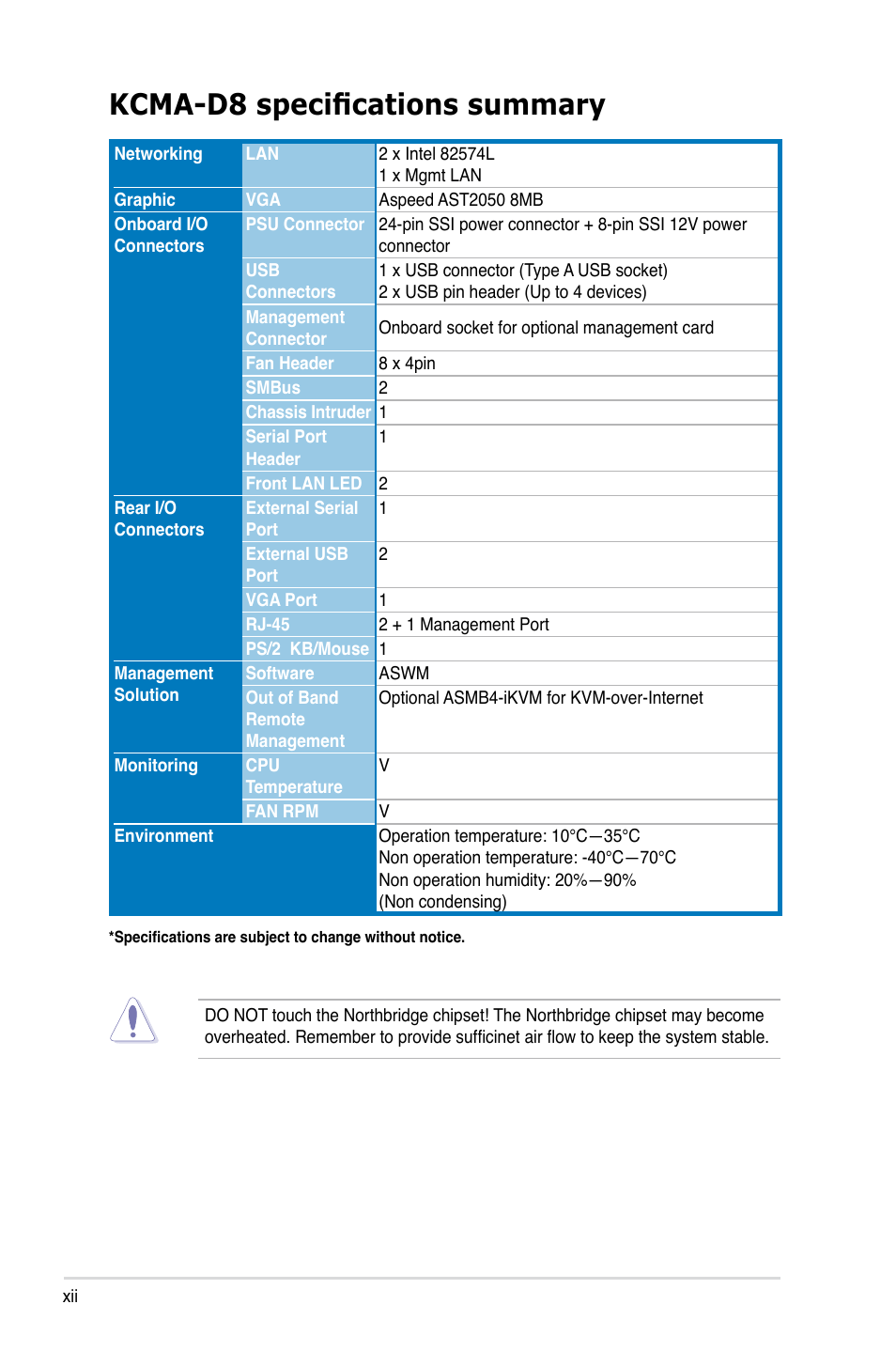 Kcma-d8 specifications summary | Asus KCMA-D8 User Manual | Page 12 / 152