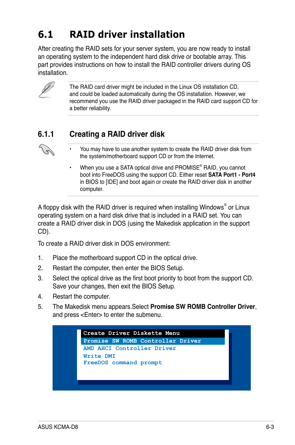 1 raid driver installation, 1 creating a raid driver disk, Raid driver installation -3 6.1.1 | Creating a raid driver disk -3 | Asus KCMA-D8 User Manual | Page 125 / 152