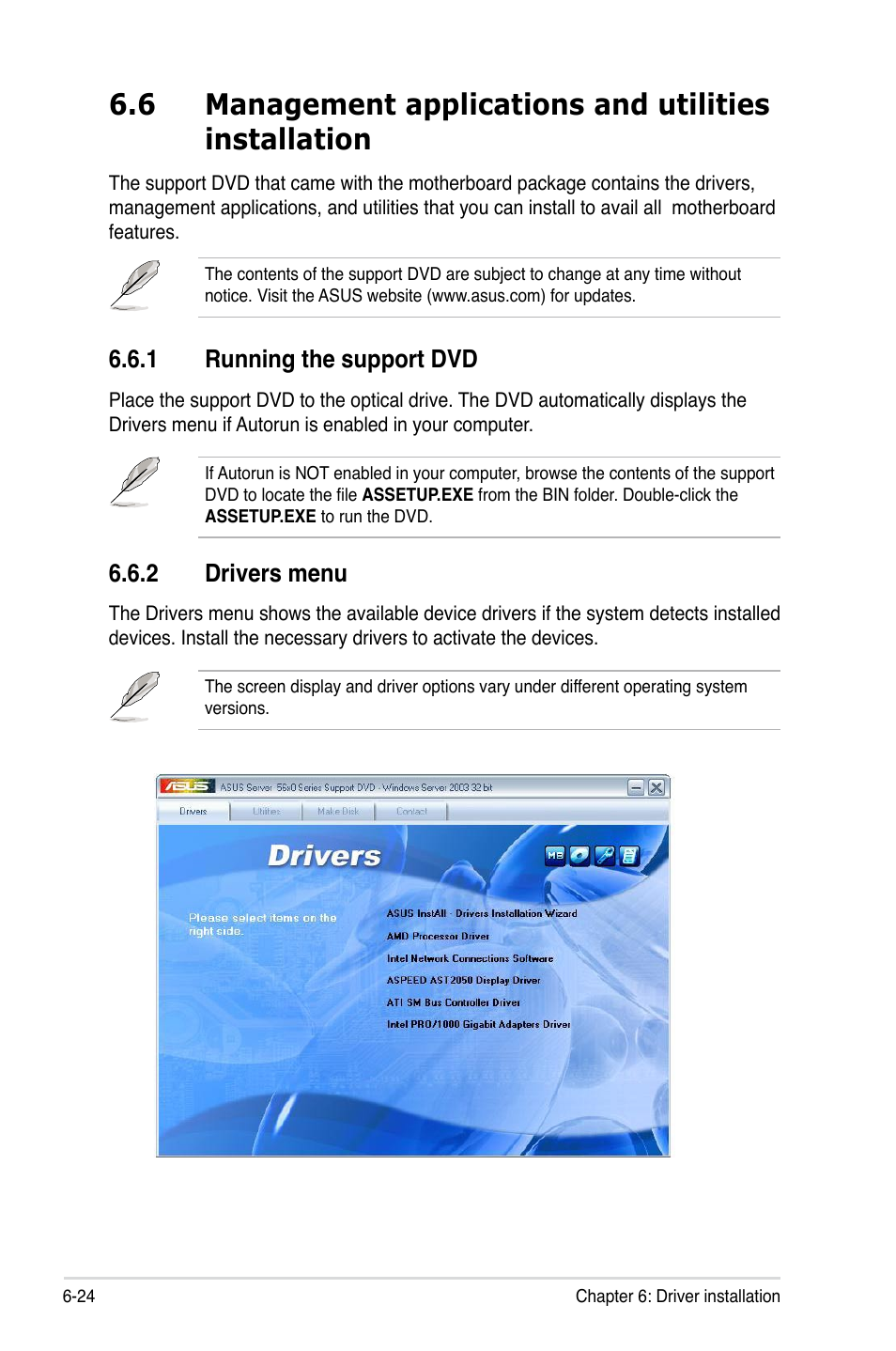 1 running the support dvd, 2 drivers menu, Running the support dvd -24 | Drivers menu -24 | Asus KCMA-D8 User Manual | Page 146 / 152