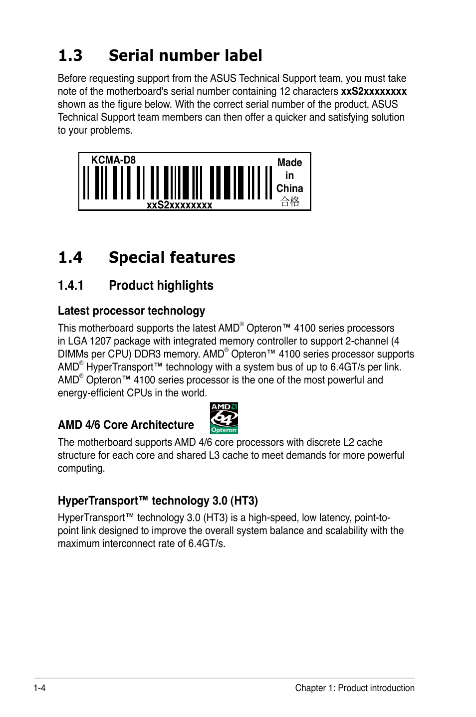 3 serial number label, 4 special features, 1 product highlights | Serial number label -4, Special features -4 1.4.1, Product highlights -4 | Asus KCMA-D8 User Manual | Page 16 / 152