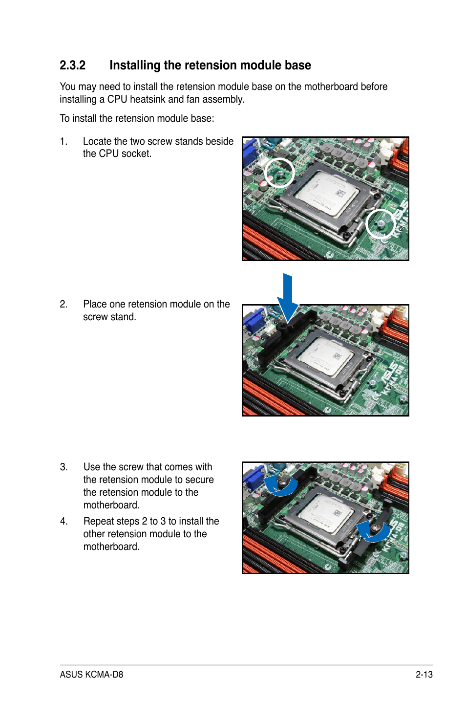 2 installing the retension module base, Installing the retension module base -13 | Asus KCMA-D8 User Manual | Page 31 / 152