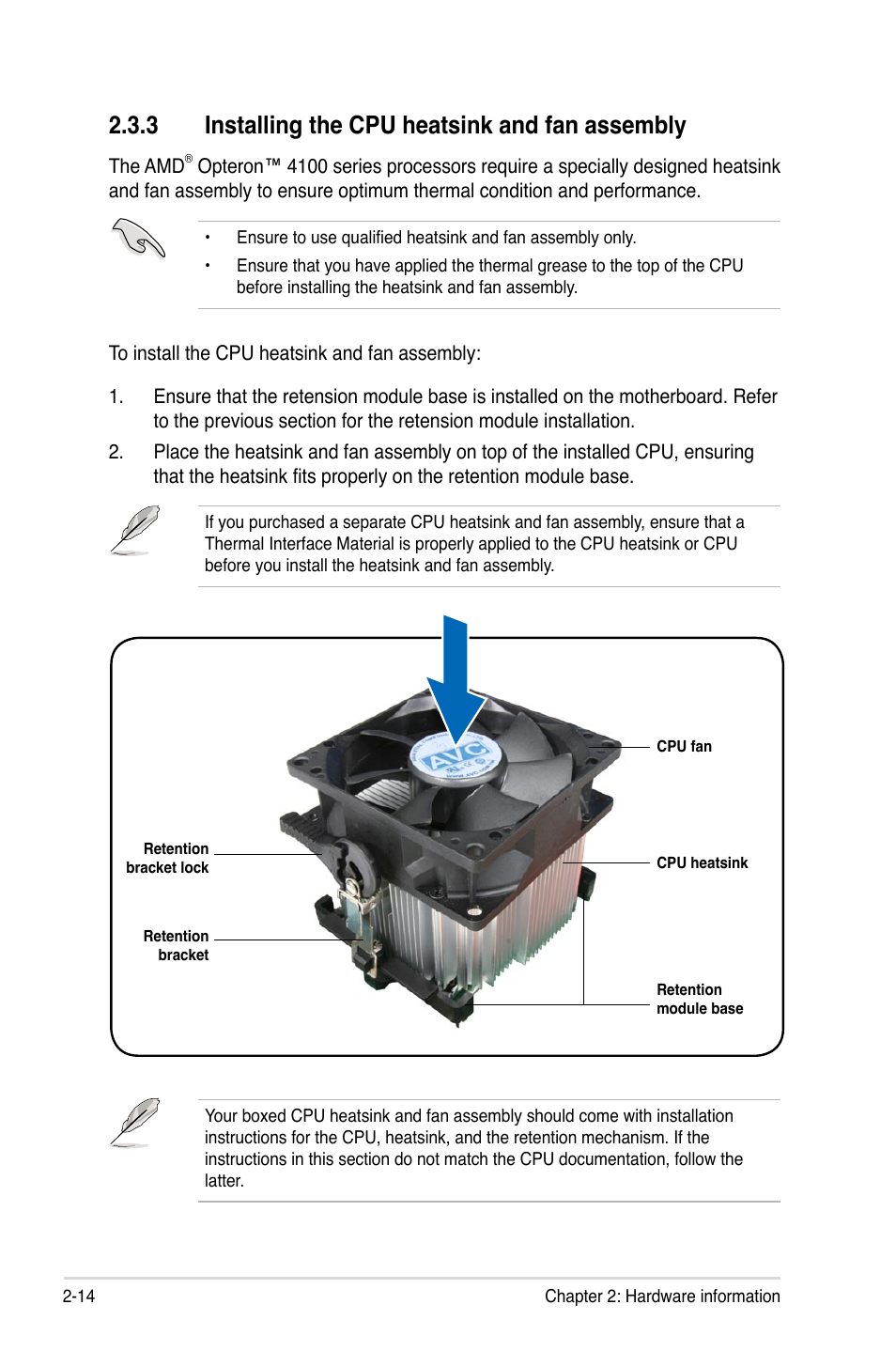 3 installing the cpu heatsink and fan assembly, Installing the cpu heatsink and fan assembly -14 | Asus KCMA-D8 User Manual | Page 32 / 152