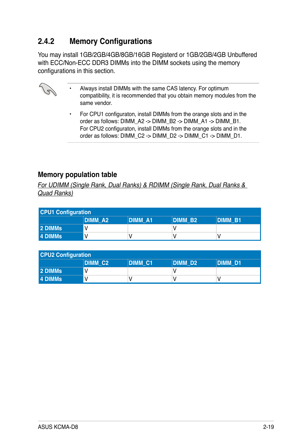 2 memory configurations, Memory configurations -19 | Asus KCMA-D8 User Manual | Page 37 / 152