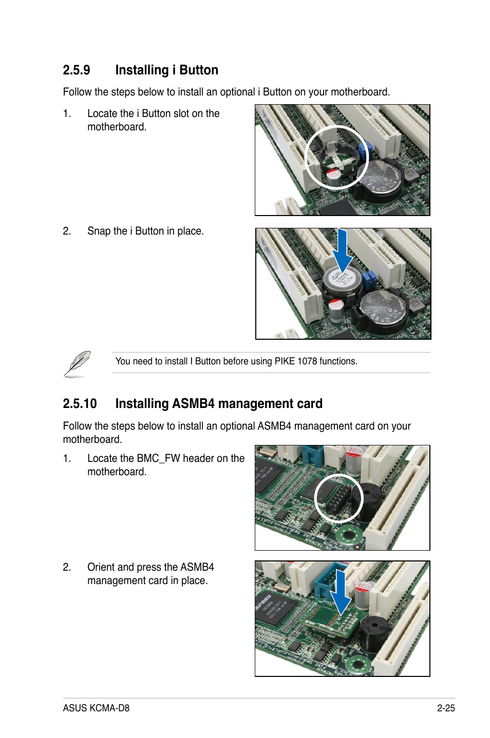 9 installing i button, 10 installing asmb4 management card, Installing i button -25 | 10 installing asmb4 management card -25 | Asus KCMA-D8 User Manual | Page 43 / 152