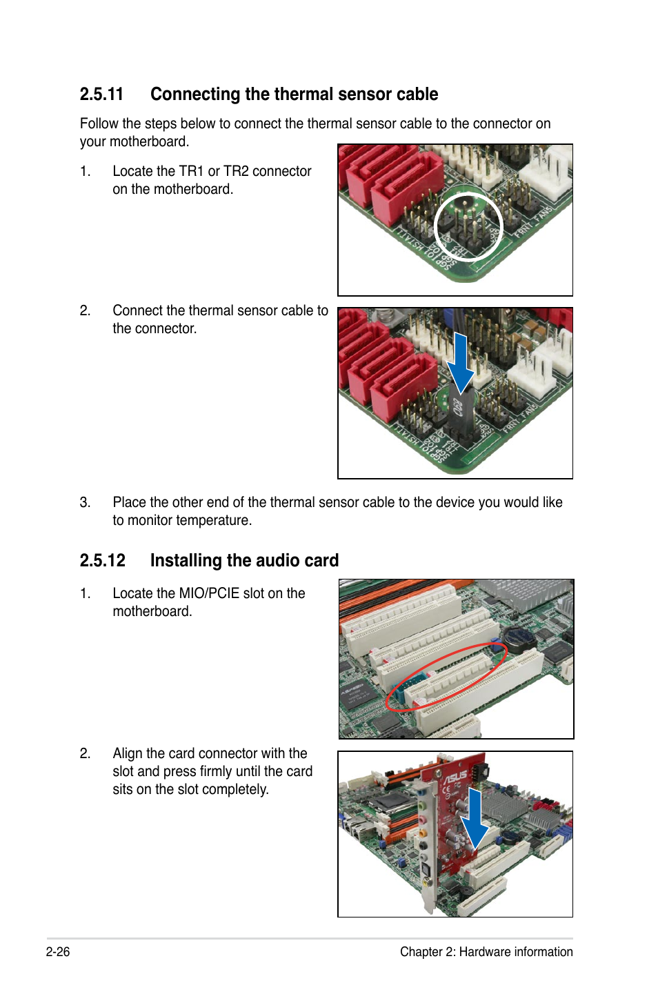 11 connecting the thermal sensor cable, 12 installing the audio card | Asus KCMA-D8 User Manual | Page 44 / 152