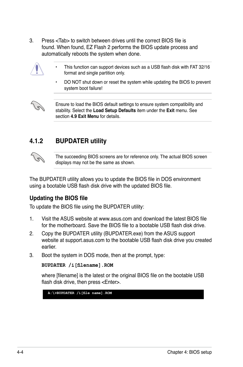 2 bupdater utility, Bupdater utility -4, Updating the bios file | Asus KCMA-D8 User Manual | Page 68 / 152