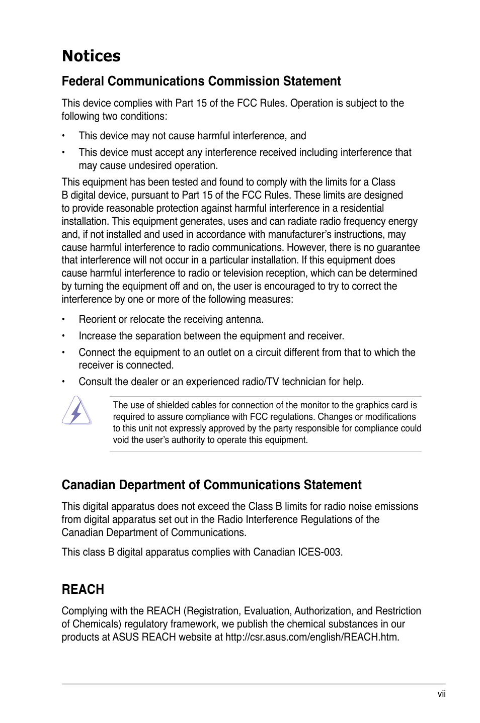Notices, Federal communications commission statement, Canadian department of communications statement | Reach | Asus KCMA-D8 User Manual | Page 7 / 152
