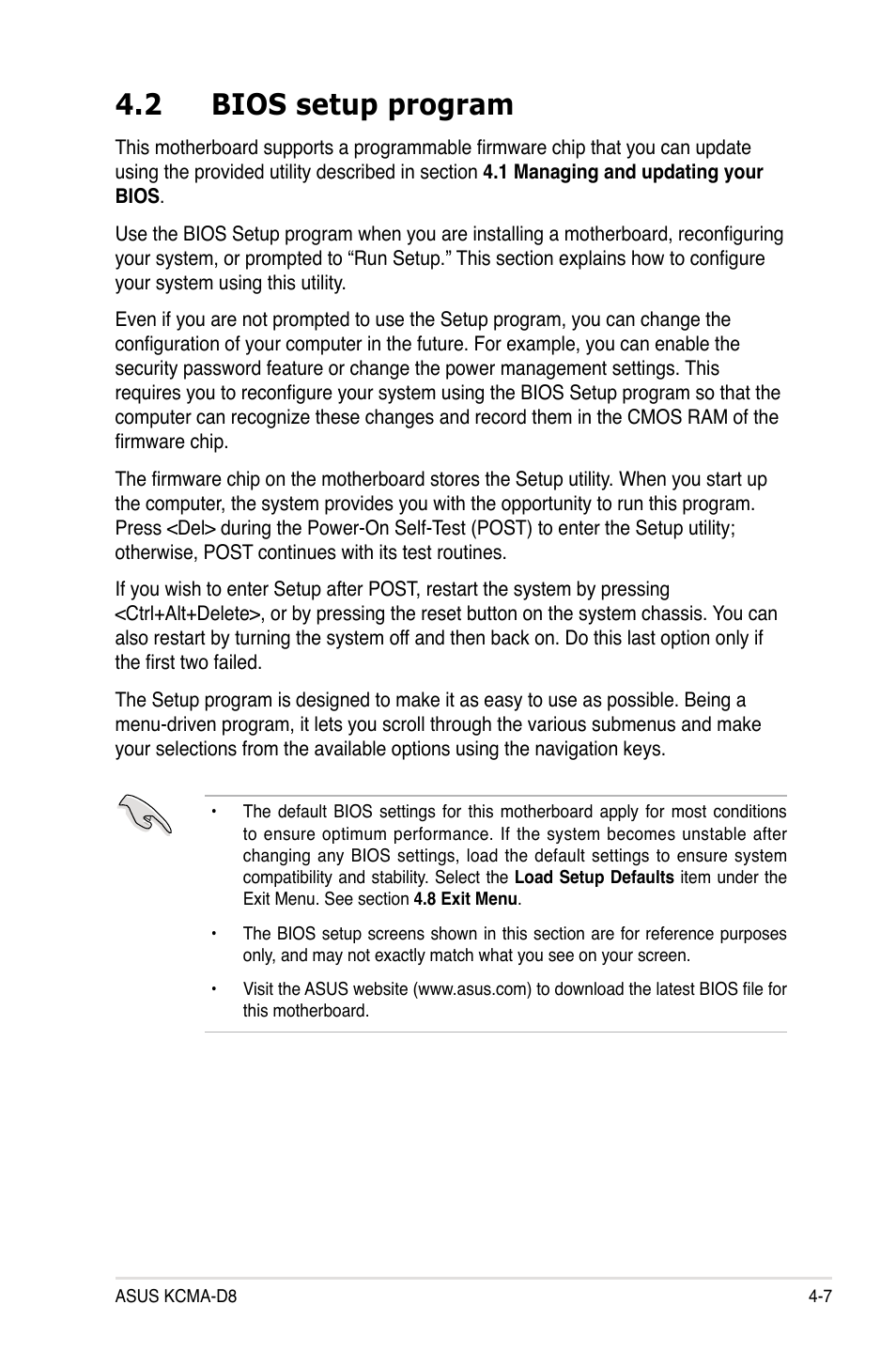 2 bios setup program, Bios setup program -7 | Asus KCMA-D8 User Manual | Page 71 / 152