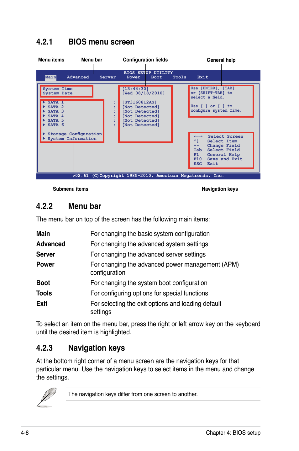 1 bios menu screen, 2 menu bar, 3 navigation keys | Bios menu screen -8, Menu bar -8, Navigation keys -8 | Asus KCMA-D8 User Manual | Page 72 / 152