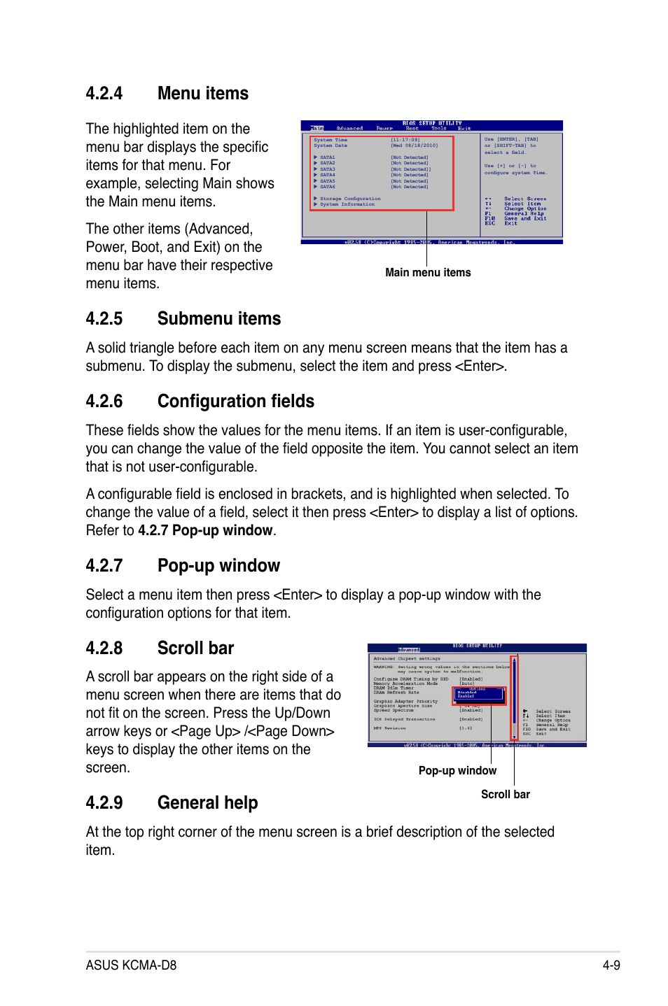 4 menu items, 5 submenu items, 6 configuration fields | 7 pop-up window, 8 scroll bar, 9 general help, Menu items -9, Submenu items -9, Configuration fields -9, Pop-up window -9 | Asus KCMA-D8 User Manual | Page 73 / 152