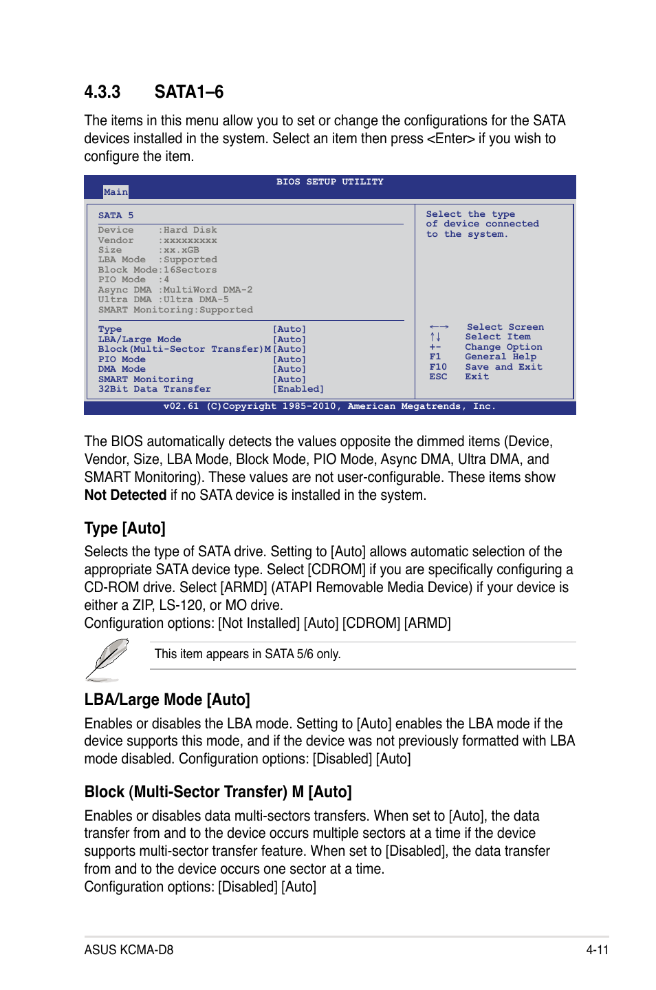 3 sata1–6, Sata1–6 -11, Type [auto | Lba/large mode [auto, Block (multi-sector transfer) m [auto | Asus KCMA-D8 User Manual | Page 75 / 152