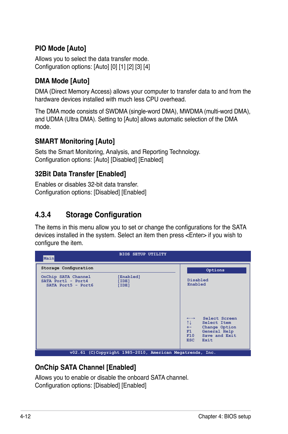 4 storage configuration, Storage configuration -12, Pio mode [auto | Dma mode [auto, Smart monitoring [auto, 32bit data transfer [enabled, Onchip sata channel [enabled | Asus KCMA-D8 User Manual | Page 76 / 152