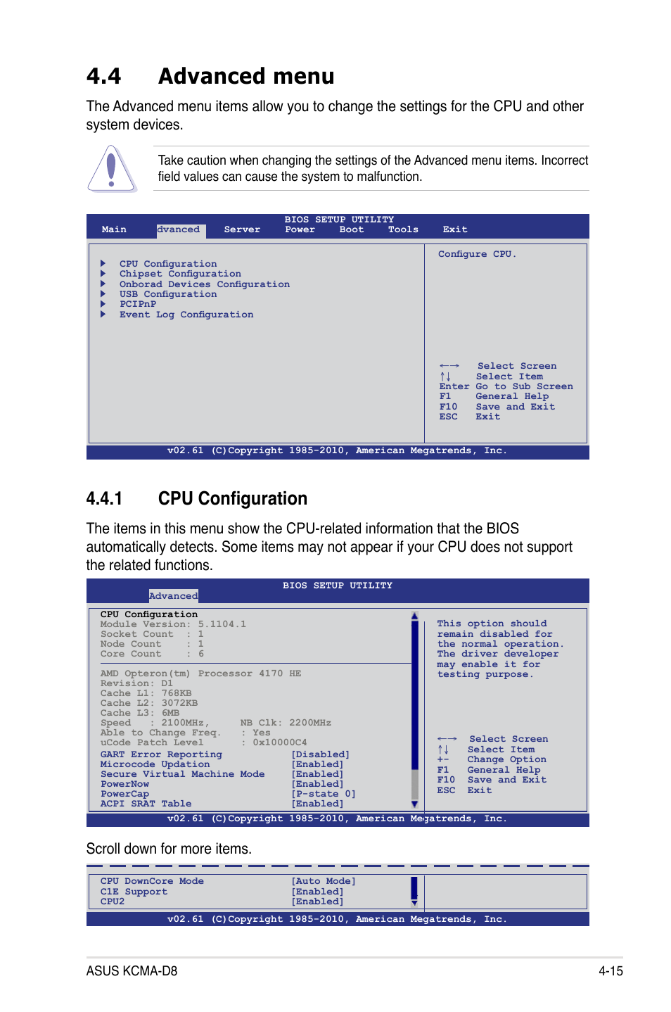 4 advanced menu, 1 cpu configuration, Advanced menu -15 4.4.1 | Cpu configuration -15, Scroll down for more items, Asus kcma-d8 4-15 | Asus KCMA-D8 User Manual | Page 79 / 152