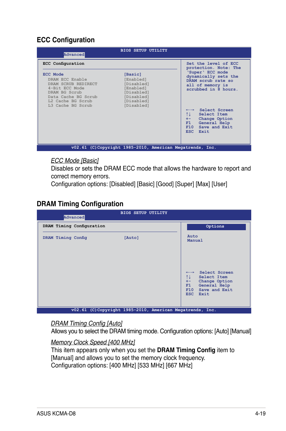 Ecc configuration, Dram timing configuration, Asus kcma-d8 4-19 | Asus KCMA-D8 User Manual | Page 83 / 152