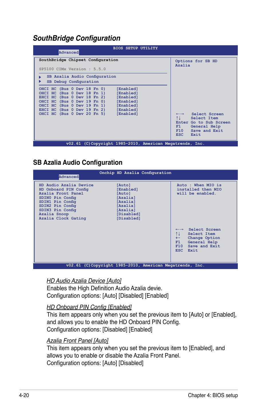 Southbridge configuration, Sb azalia audio configuration, 20 chapter 4: bios setup | Asus KCMA-D8 User Manual | Page 84 / 152