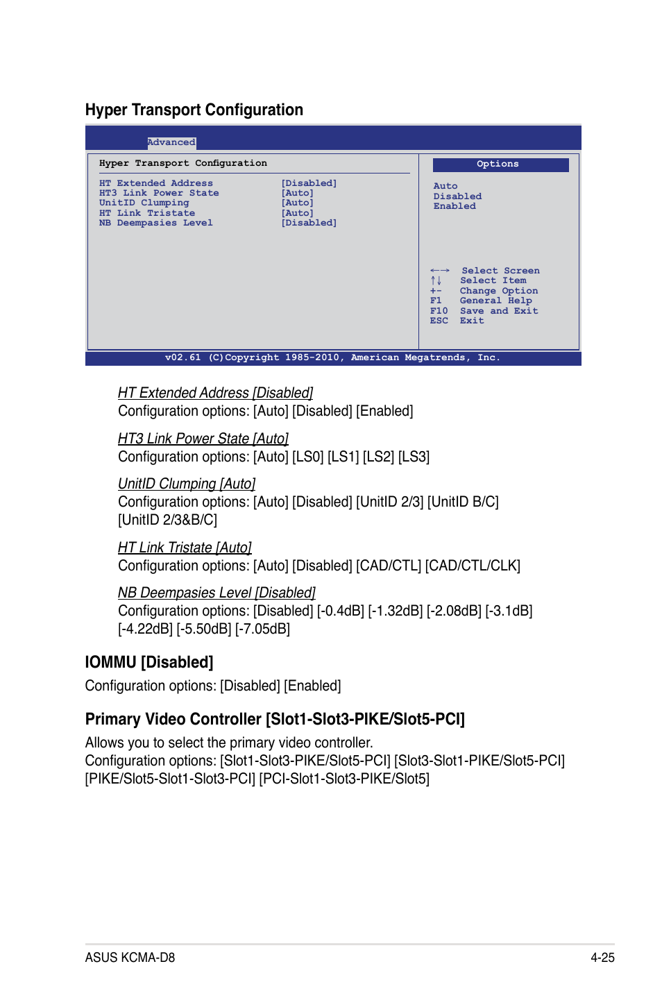 Hyper transport configuration, Iommu [disabled, Configuration options: [disabled] [enabled | Asus KCMA-D8 User Manual | Page 89 / 152