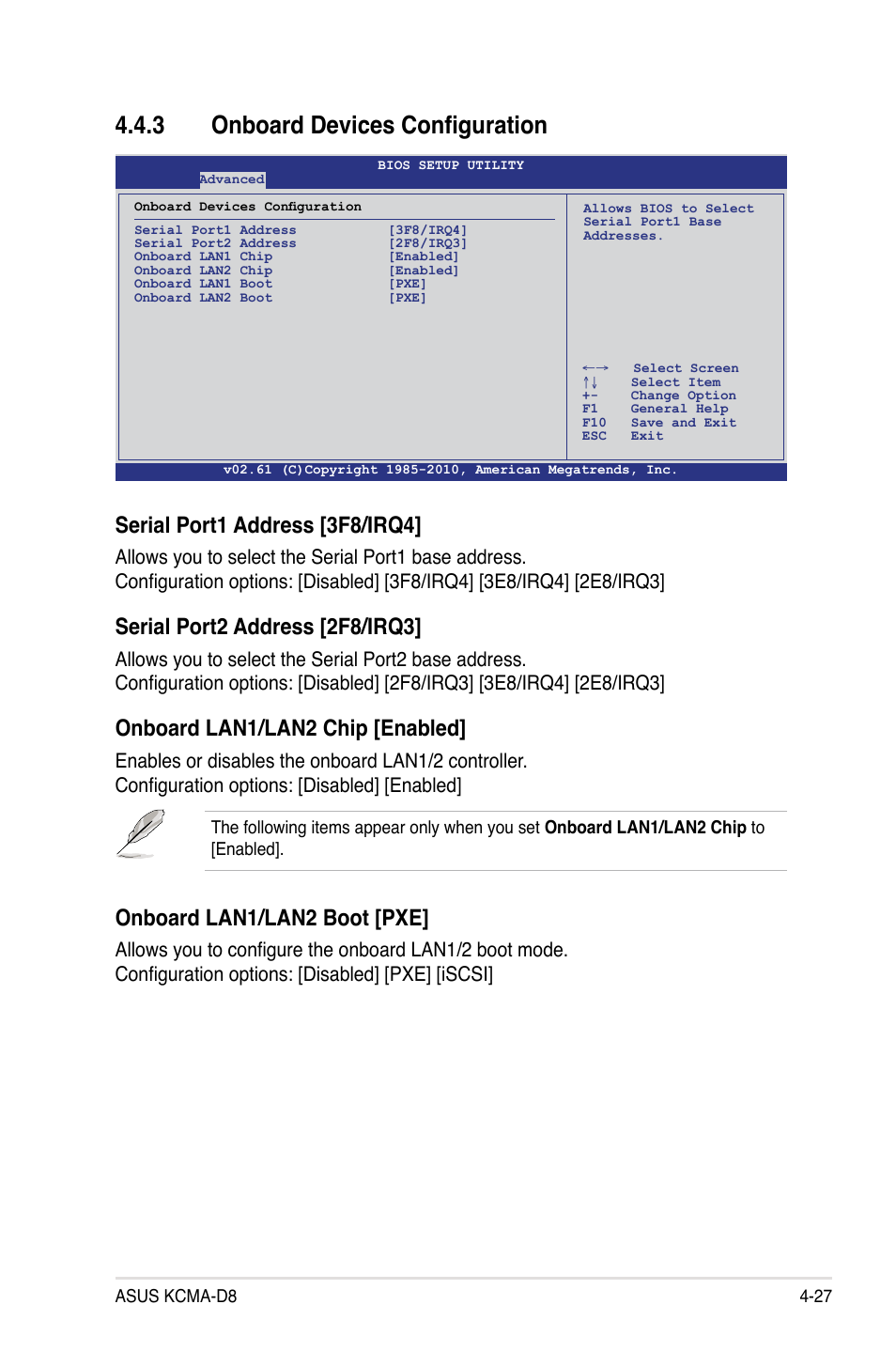 3 onboard devices configuration, Onboard devices configuration -27, Serial port1 address [3f8/irq4 | Serial port2 address [2f8/irq3, Onboard lan1/lan2 chip [enabled, Onboard lan1/lan2 boot [pxe | Asus KCMA-D8 User Manual | Page 91 / 152