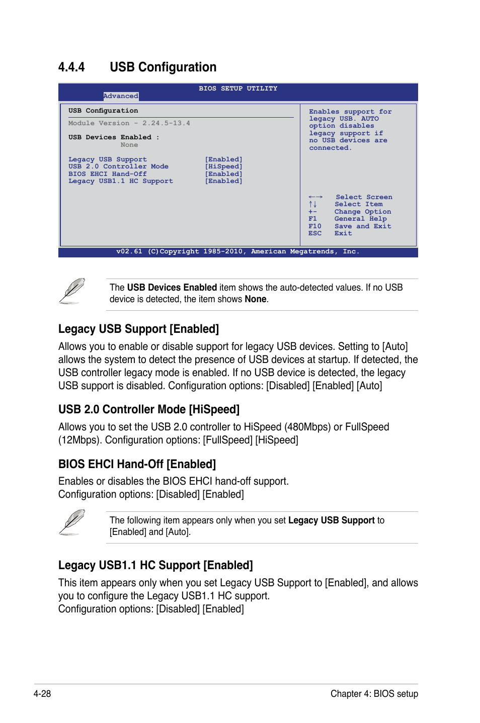 4 usb configuration, Usb configuration -28, Legacy usb support [enabled | Usb 2.0 controller mode [hispeed, Bios ehci hand-off [enabled, Legacy usb1.1 hc support [enabled | Asus KCMA-D8 User Manual | Page 92 / 152