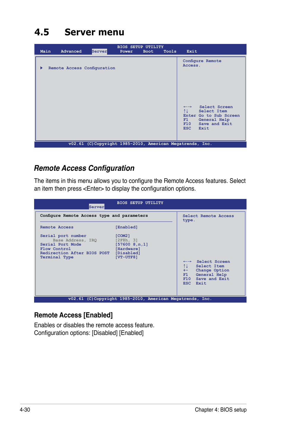 5 server menu, Server menu -30, Remote access configuration | Remote access [enabled, 30 chapter 4: bios setup | Asus KCMA-D8 User Manual | Page 94 / 152