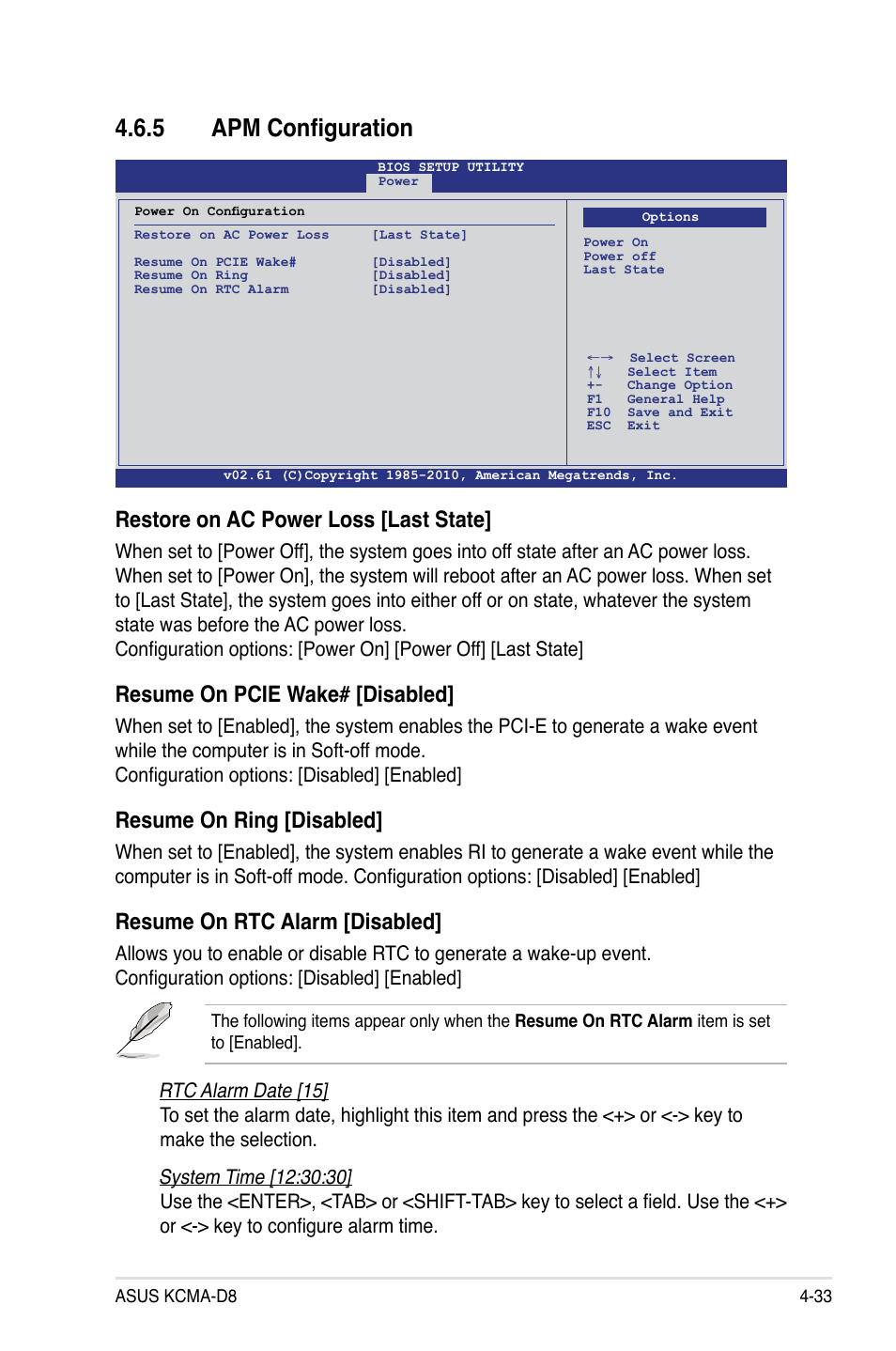 5 apm configuration, Apm configuration -33, Restore on ac power loss [last state | Resume on pcie wake# [disabled, Resume on ring [disabled, Resume on rtc alarm [disabled | Asus KCMA-D8 User Manual | Page 97 / 152