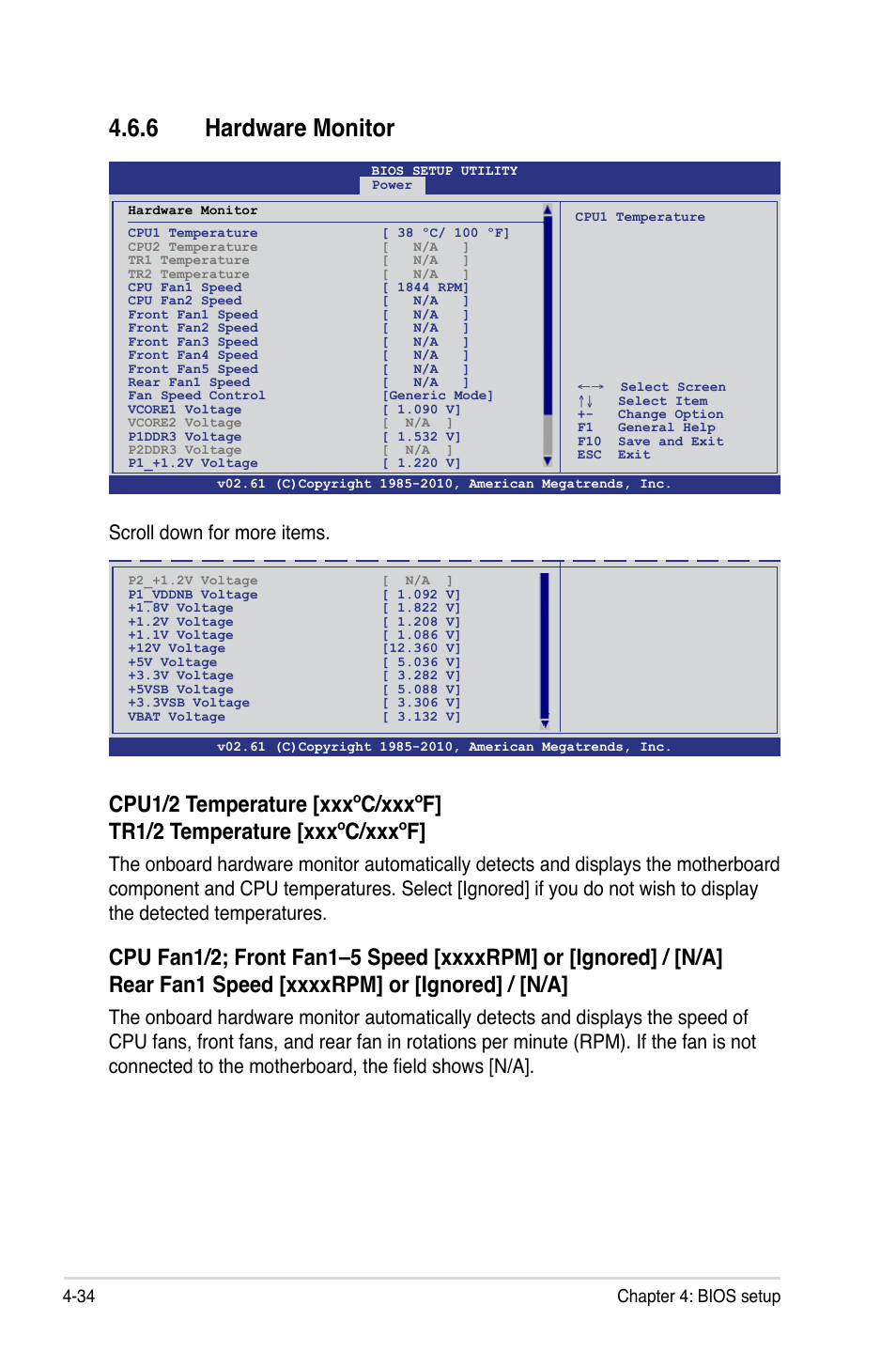 6 hardware monitor, Hardware monitor -34, Scroll down for more items | 34 chapter 4: bios setup | Asus KCMA-D8 User Manual | Page 98 / 152