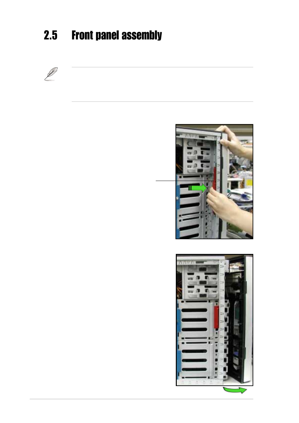 5 front panel assembly, 1 removing the front panel assembly | Asus Xeon 5U Rackmount Server AP1720-E1 User Manual | Page 28 / 78