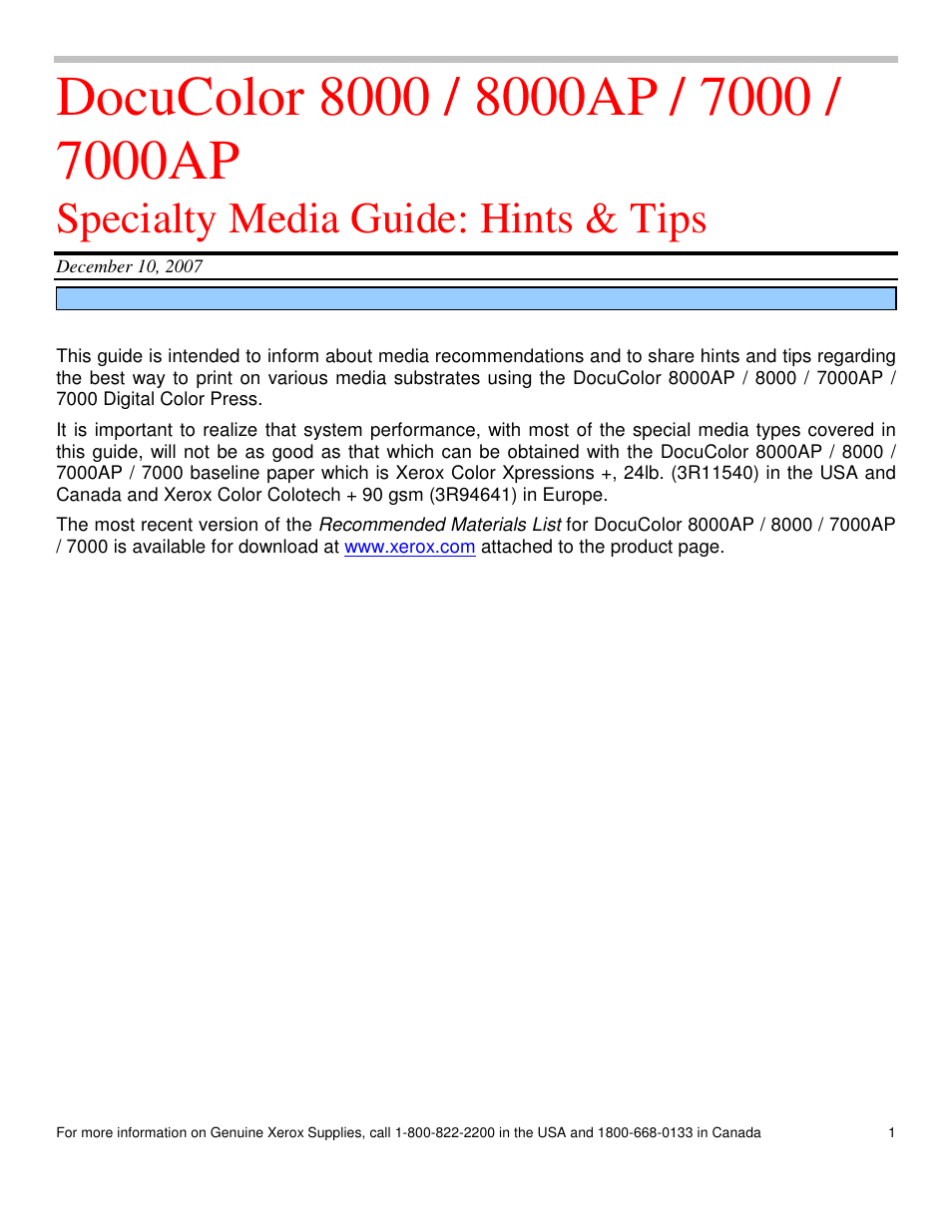 Xerox DocuColor 8000 User Manual | 13 pages