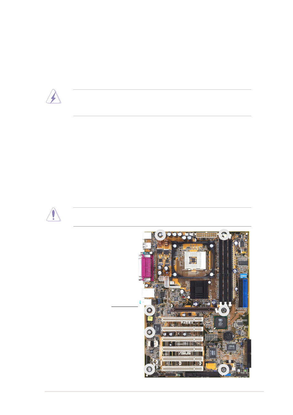 1 motherboard installation, 1 placement direction, 2 screw holes | Asus P4S8X User Manual | Page 19 / 144