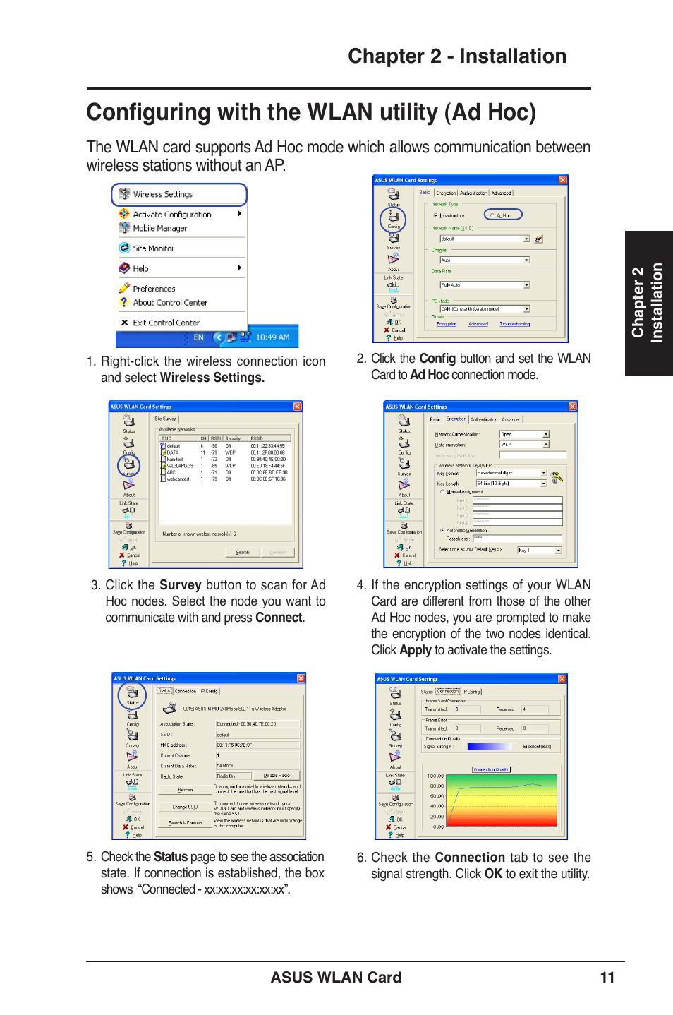 Conﬁguring with the wlan utility (ad hoc), Chapter 2 - installation | Asus WL-106gM User Manual | Page 11 / 39