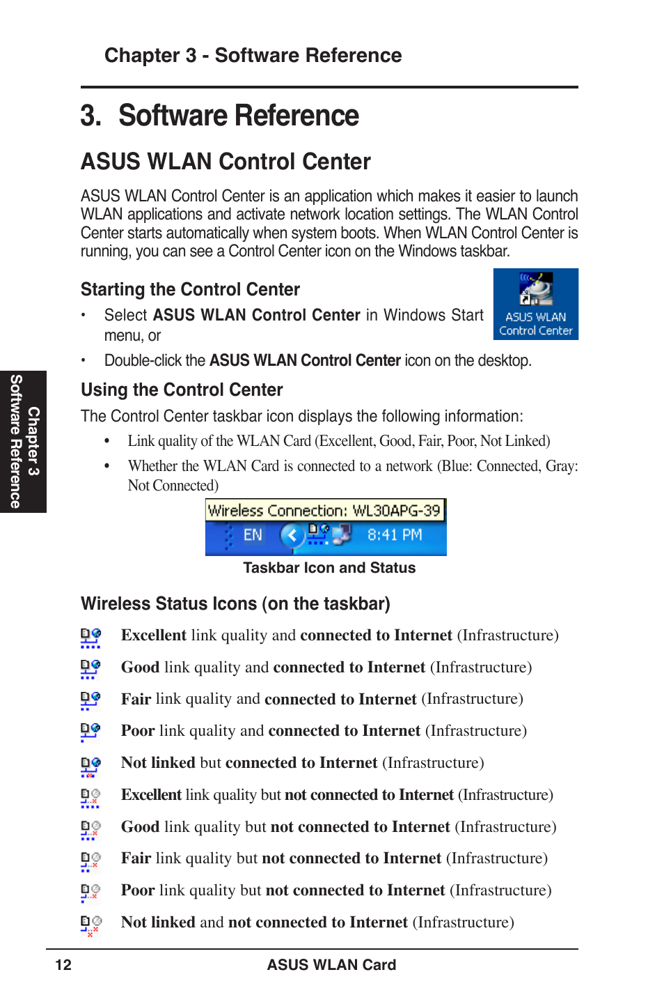 Software reference, Asus wlan control center, Chapter 3 - software reference | Asus WL-106gM User Manual | Page 12 / 39