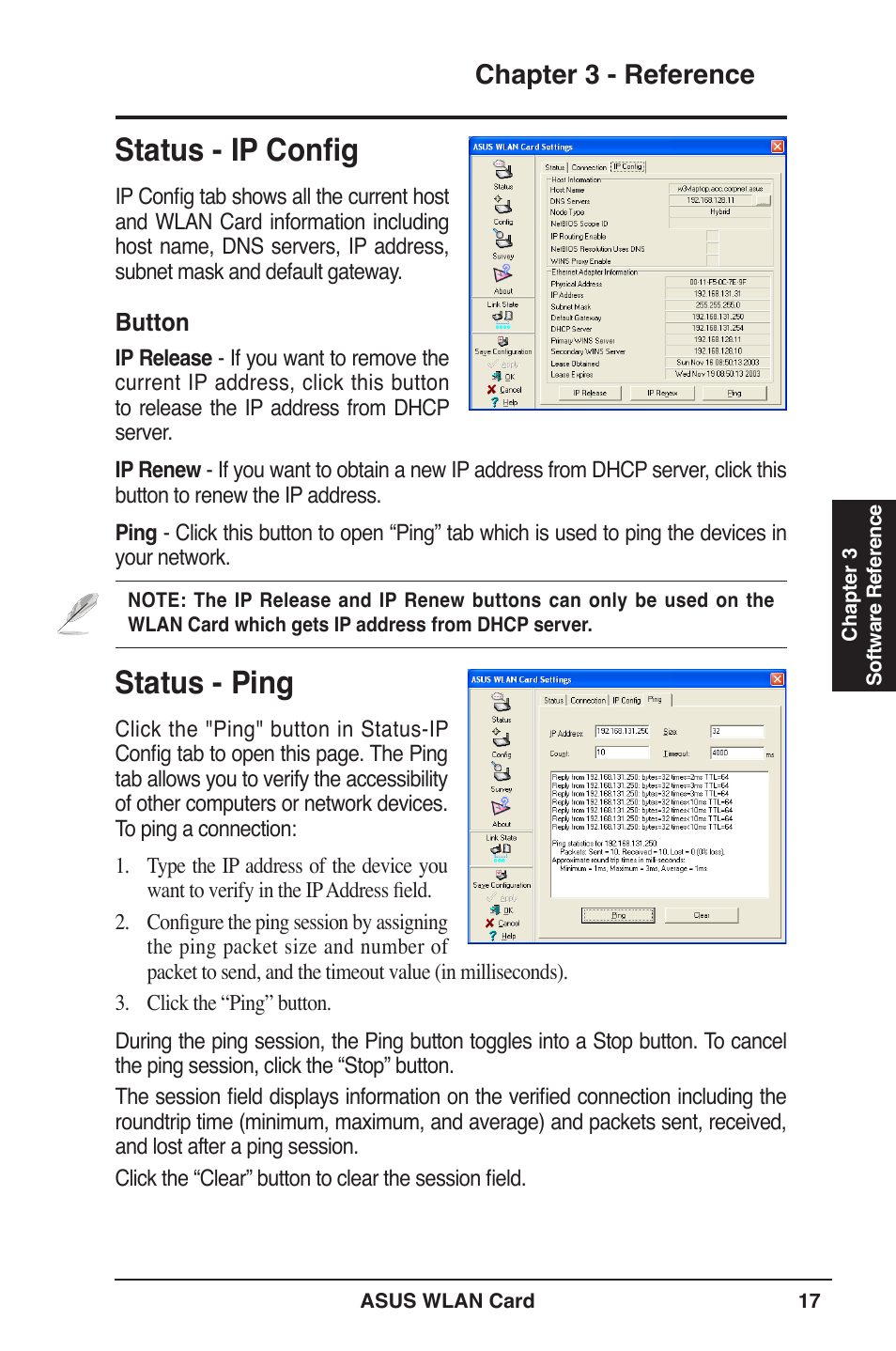 Status - ip conﬁg, Status - ping, Chapter 3 - reference | Asus WL-106gM User Manual | Page 17 / 39