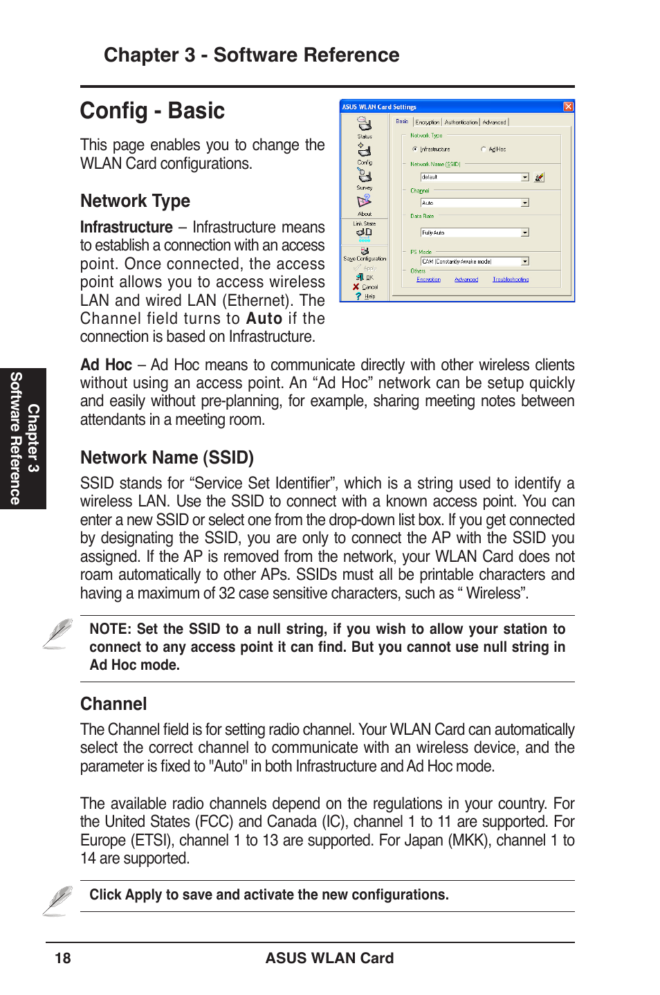 Conﬁg - basic, Chapter 3 - software reference | Asus WL-106gM User Manual | Page 18 / 39