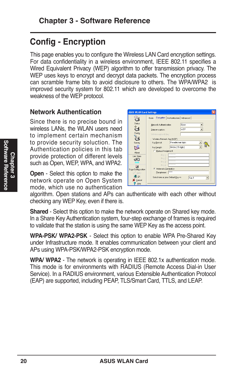 Conﬁg - encryption, Chapter 3 - software reference | Asus WL-106gM User Manual | Page 20 / 39