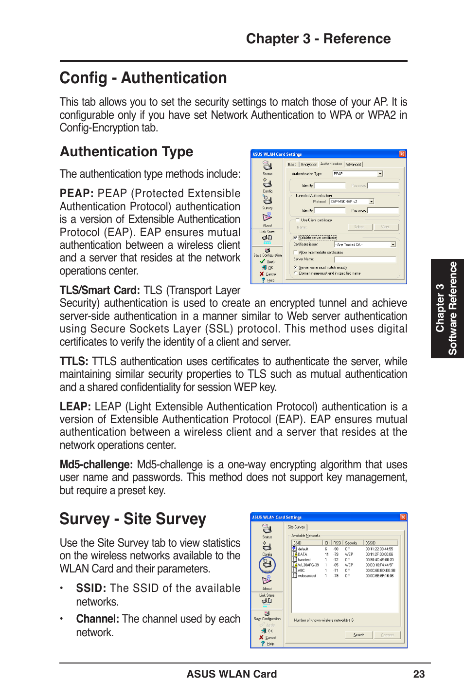 Survey - site survey, Conﬁg - authentication, Chapter 3 - reference | Authentication type | Asus WL-106gM User Manual | Page 23 / 39