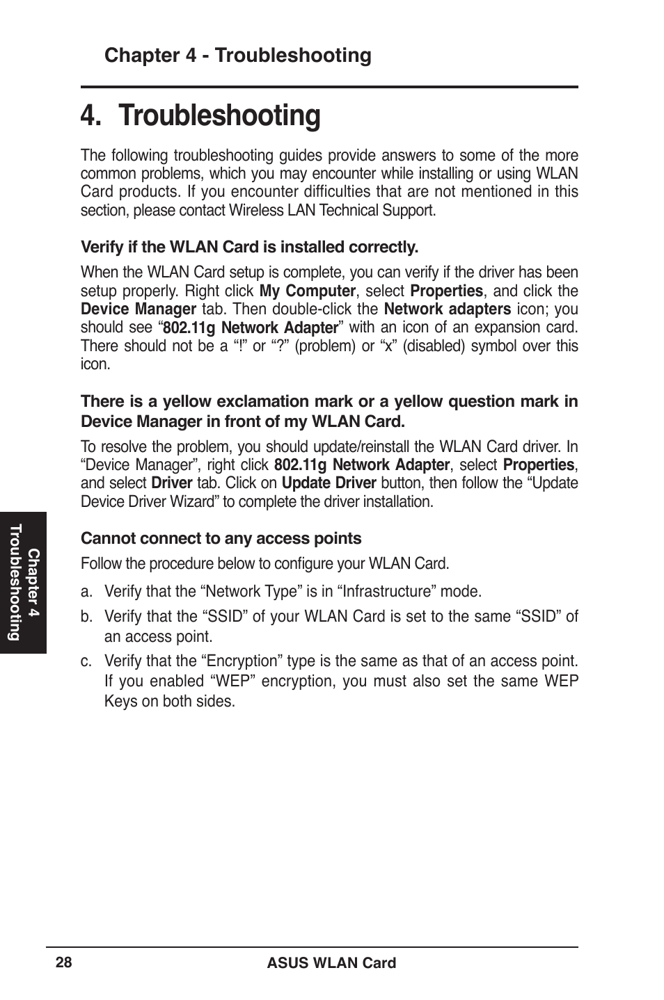 Troubleshooting, Chapter 4 - troubleshooting | Asus WL-106gM User Manual | Page 28 / 39