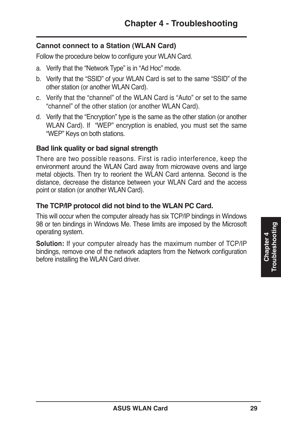 Chapter 4 - troubleshooting | Asus WL-106gM User Manual | Page 29 / 39