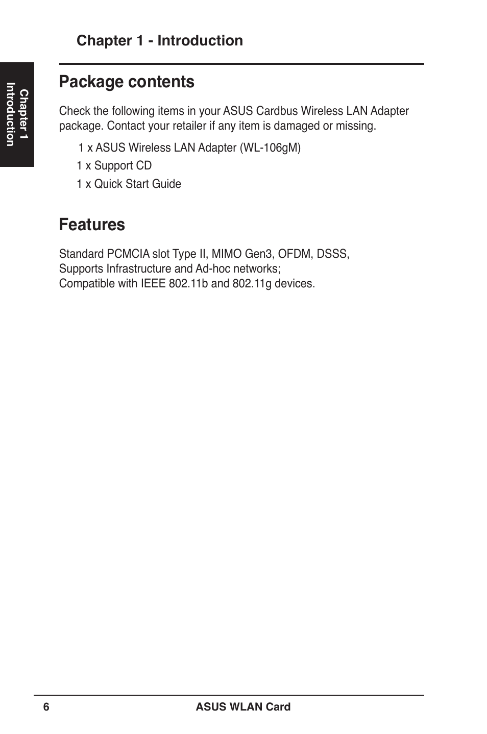 Package contents, Features | Asus WL-106gM User Manual | Page 6 / 39