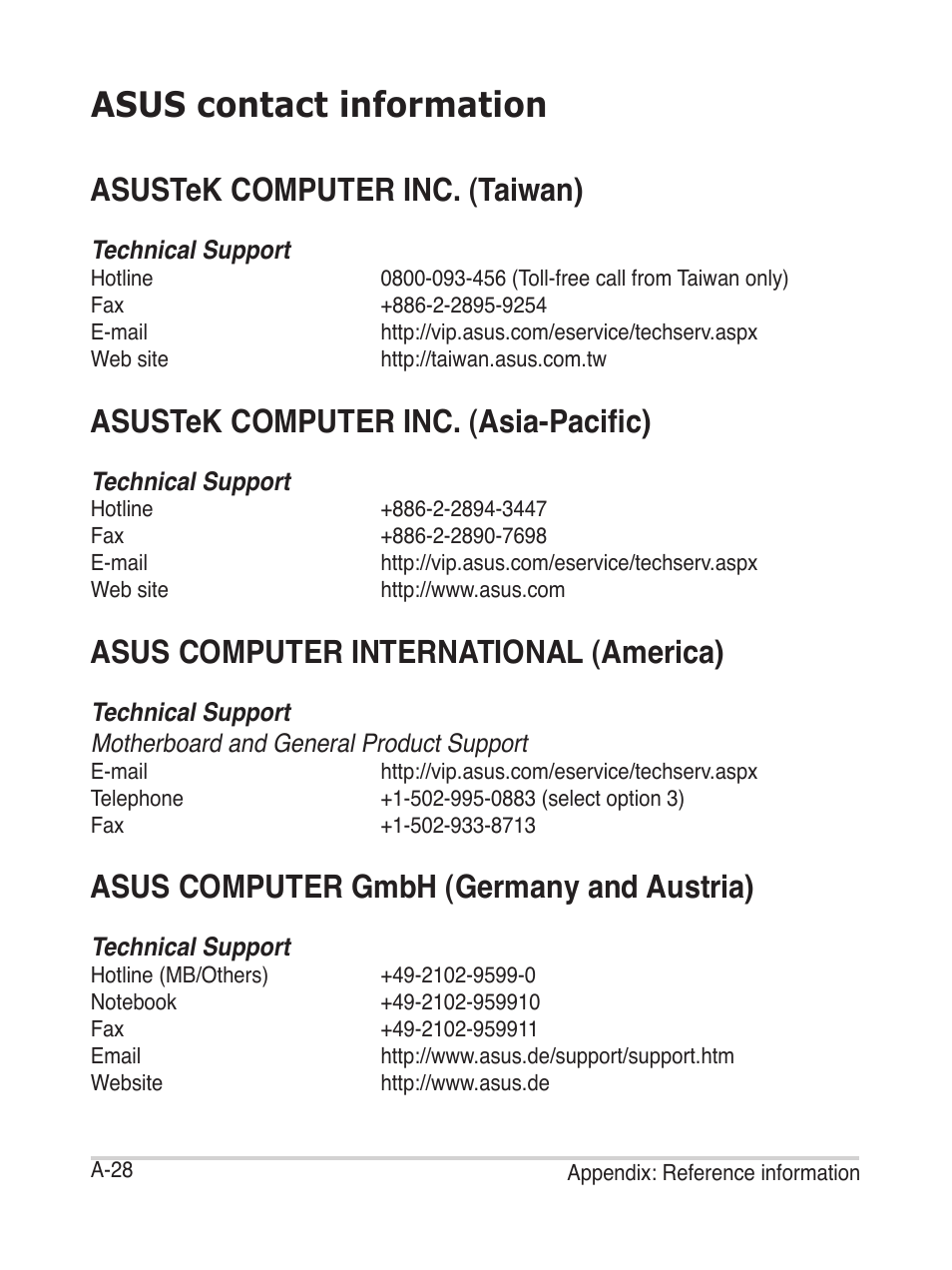 Asus contact information, Asustek computer inc. (taiwan), Asustek computer inc. (asia-pacific) | Asus computer international (america), Asus computer gmbh (germany and austria) | Asus AiGuru S2 User Manual | Page 104 / 106