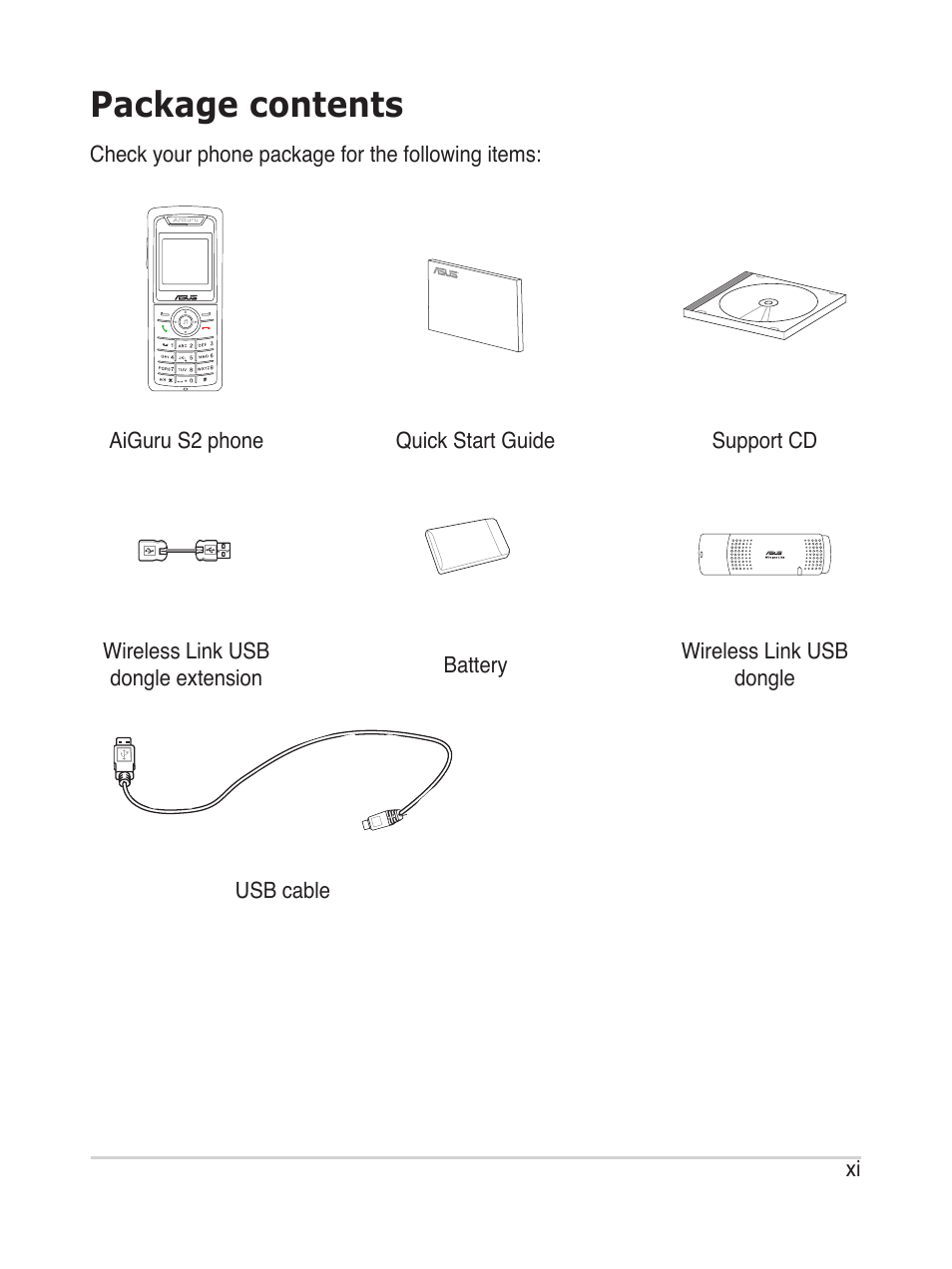 Package contents | Asus AiGuru S2 User Manual | Page 11 / 106