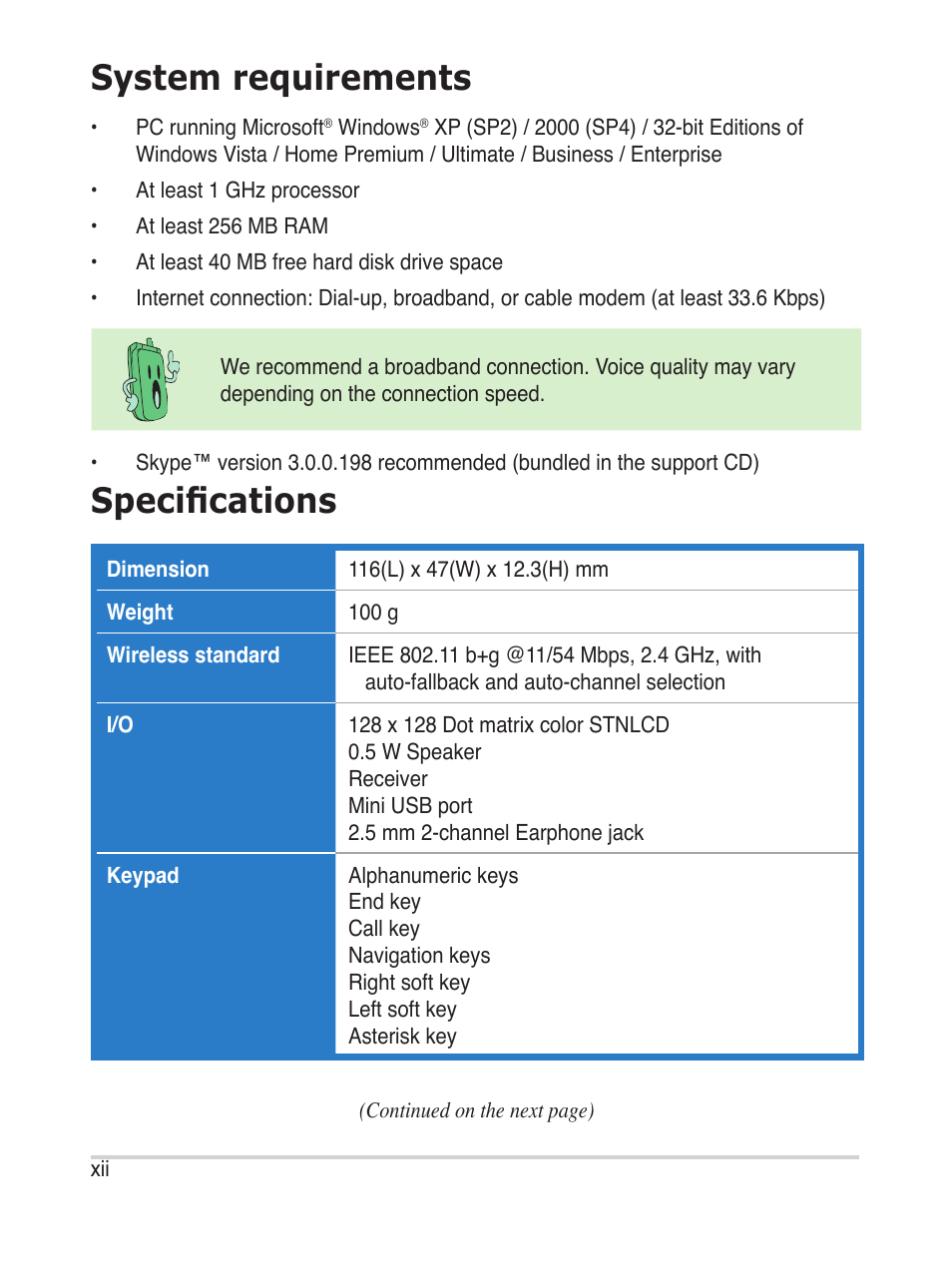 System requirements, Specifications | Asus AiGuru S2 User Manual | Page 12 / 106