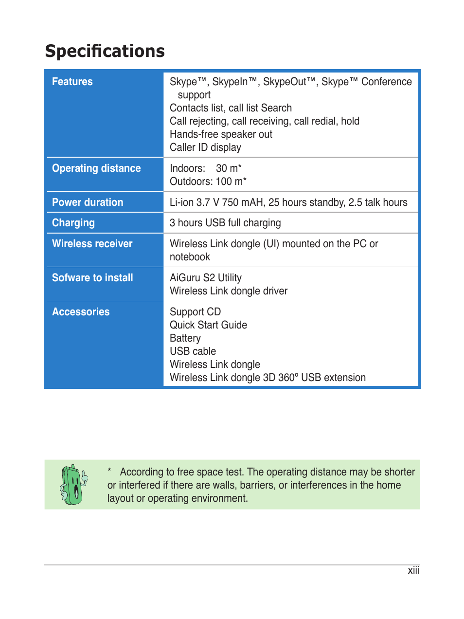 Specifications | Asus AiGuru S2 User Manual | Page 13 / 106