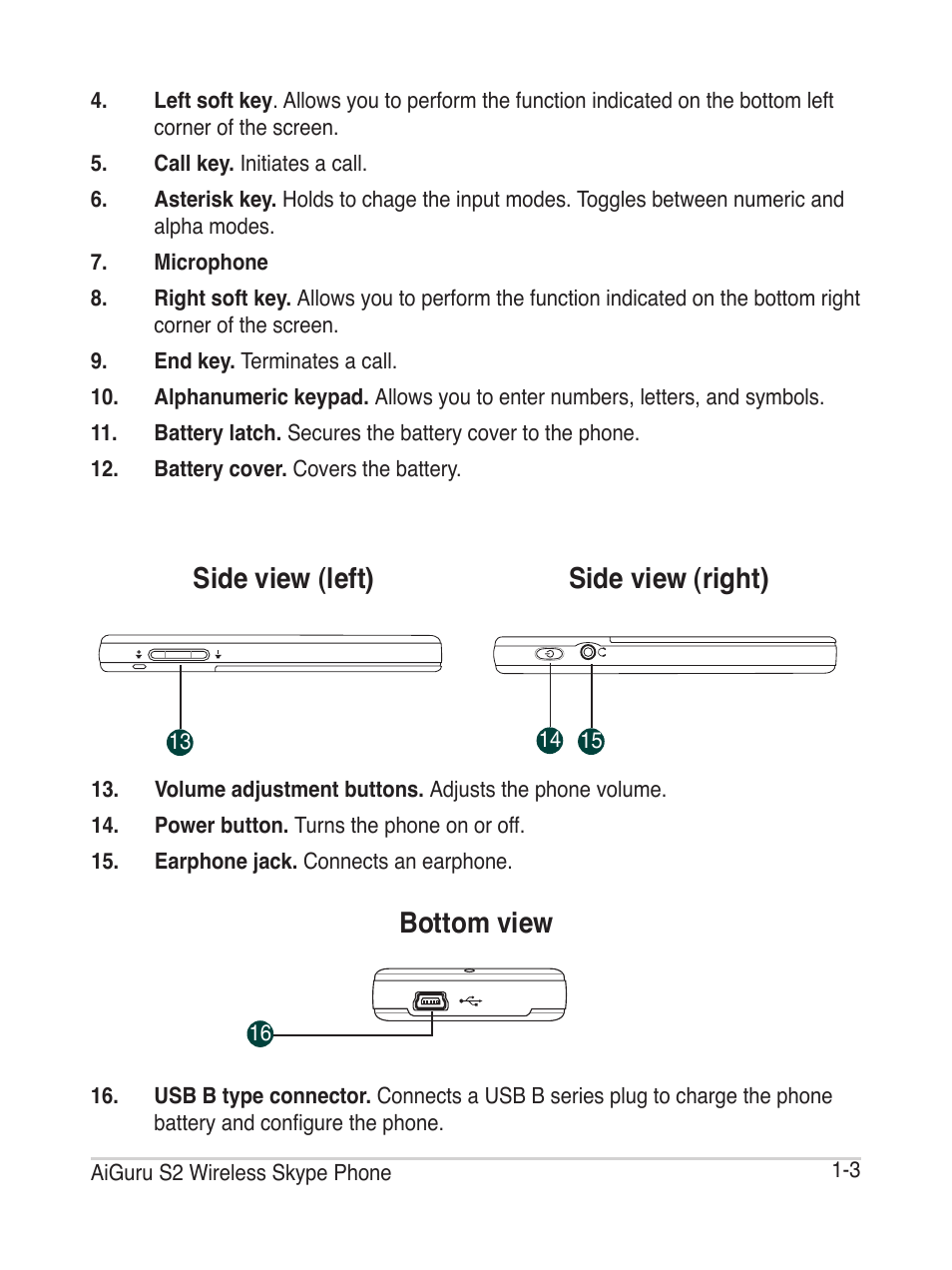 Side view (left) side view (right), Bottom view | Asus AiGuru S2 User Manual | Page 17 / 106