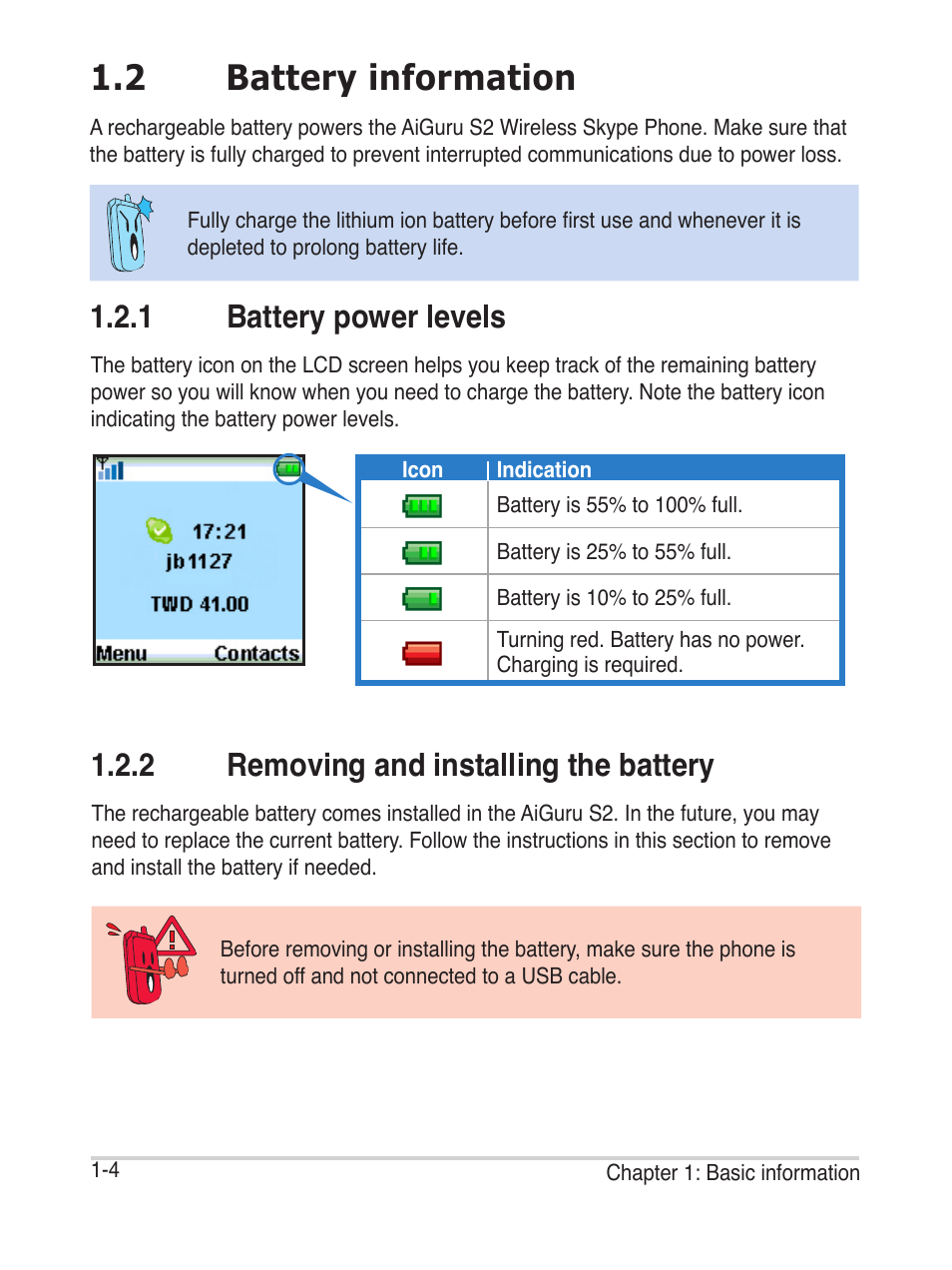 2 battery information, 2 removing and installing the battery, 1 battery power levels | Asus AiGuru S2 User Manual | Page 18 / 106